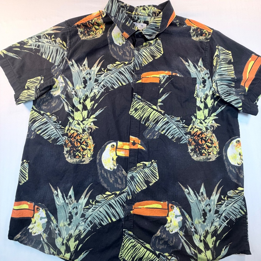 Hurley Toucan Pineapple Hawaiian Shirt Mens XXL Black Tropical Stretch Button Up